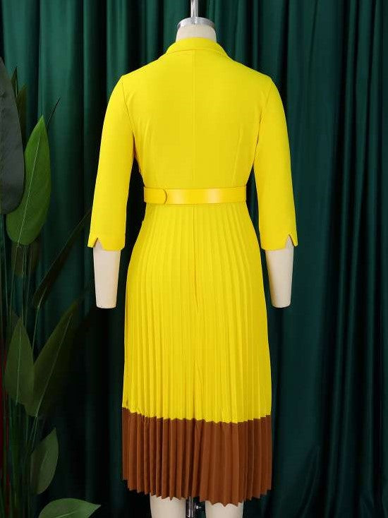 Smart Workwear Pleated Colorblock Long Sleeve Yellow Dress With Belt - Ships in 24 Hrs