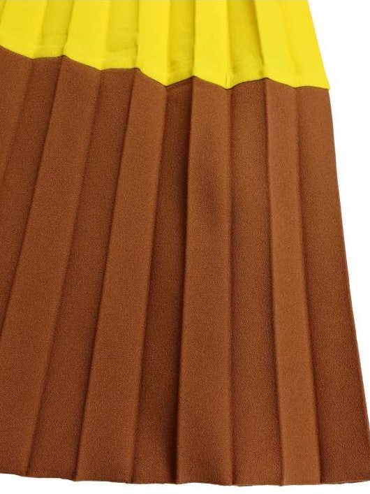 Smart Workwear Pleated Colorblock Long Sleeve Yellow Dress With Belt - Ships in 24 Hrs