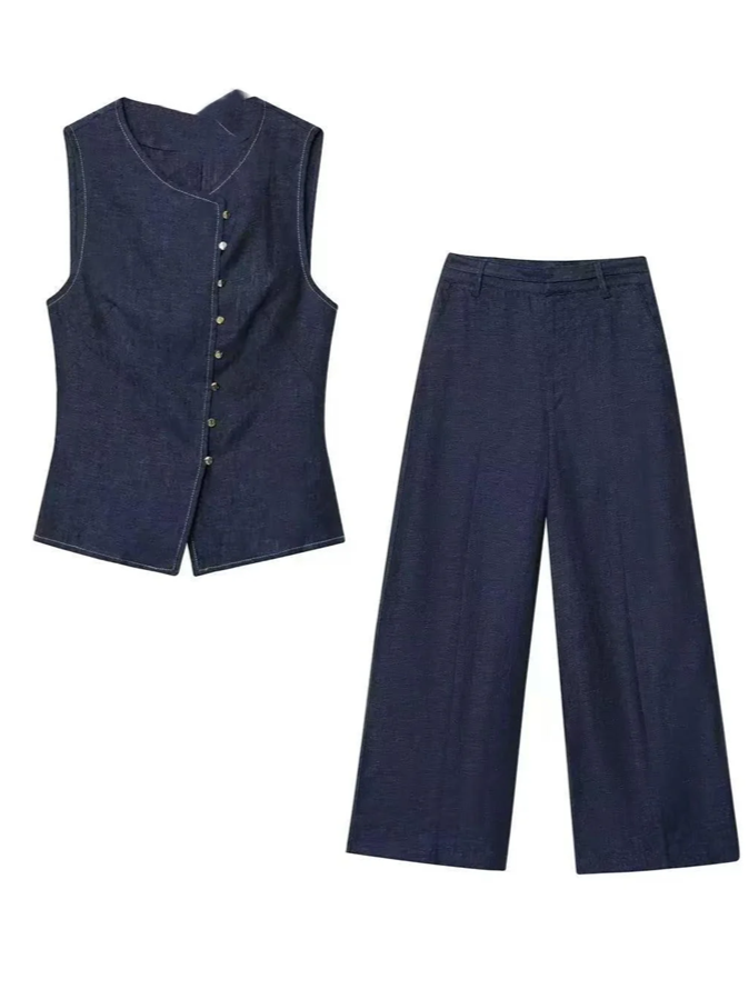 Sophisticated Denim Waistcoat With Wide Leg Trousers Co Ord Set