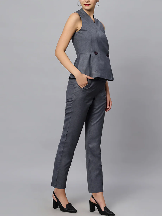 Sophisticated Formal Wear Grey Blazer With Pants Suit Set