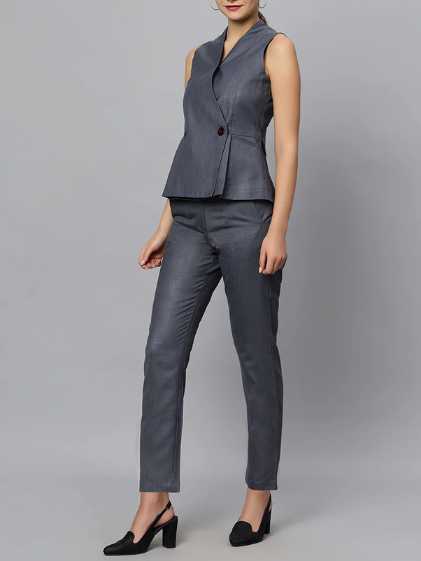 Sophisticated Formal Wear Grey Blazer With Pants Suit Set