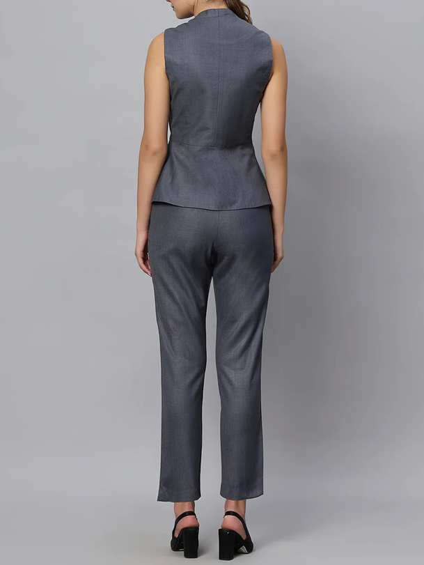 Sophisticated Formal Wear Grey Blazer With Pants Suit Set