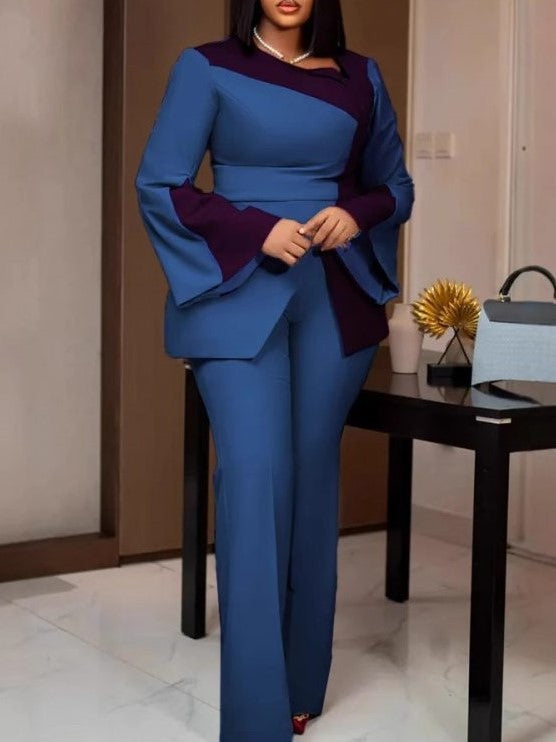Sophisticated Irregular Color Matching Blue Pants Co Ord Set