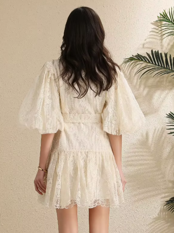 Stunning Lantern Sleeves Hollow Out Lace Single Breasted A-line High Waist Apricot Mini Dress