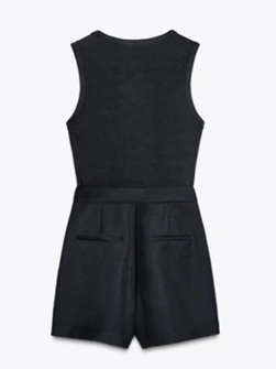 Stylish Crew Neck Black Wrap Romper With The Belt
