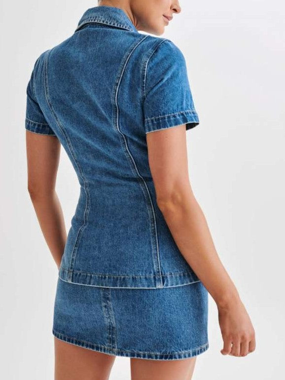 Stylish Denim Short Sleeve Light Blue Fitted Skirt Set