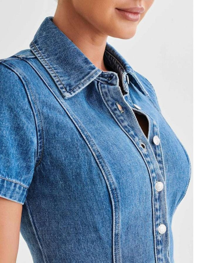 Stylish Denim Short Sleeve Light Blue Fitted Skirt Set
