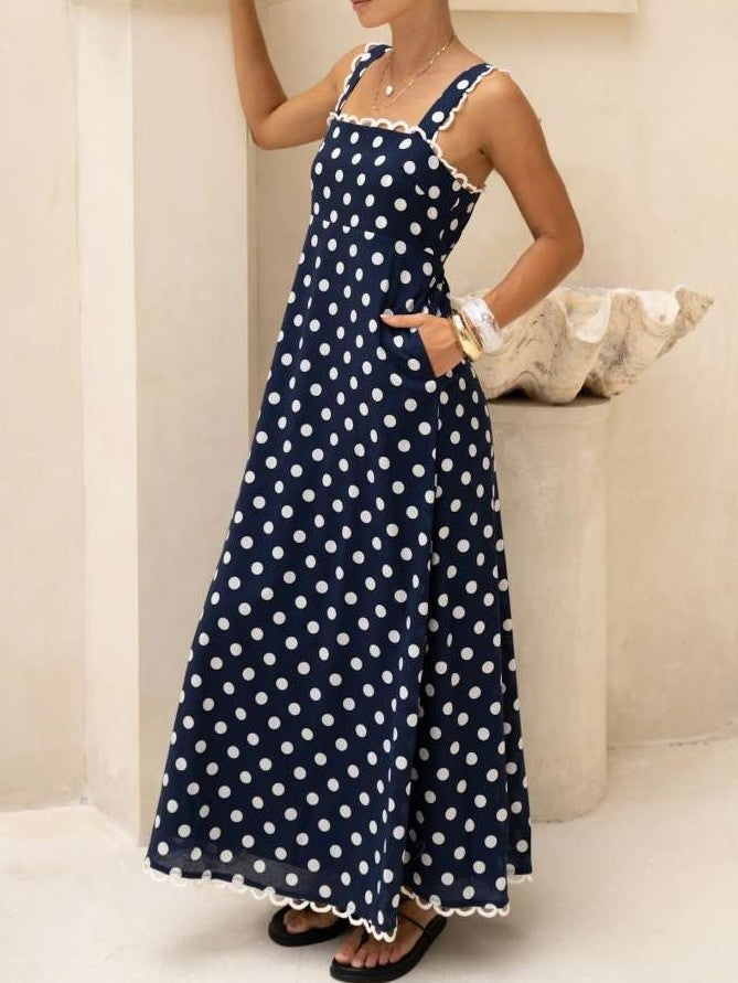 Stylish Polka Dots A Line Blue Maxi Dress