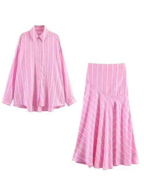 Stylish Oversized Striped Shirt With Pink Midi Skirt Set