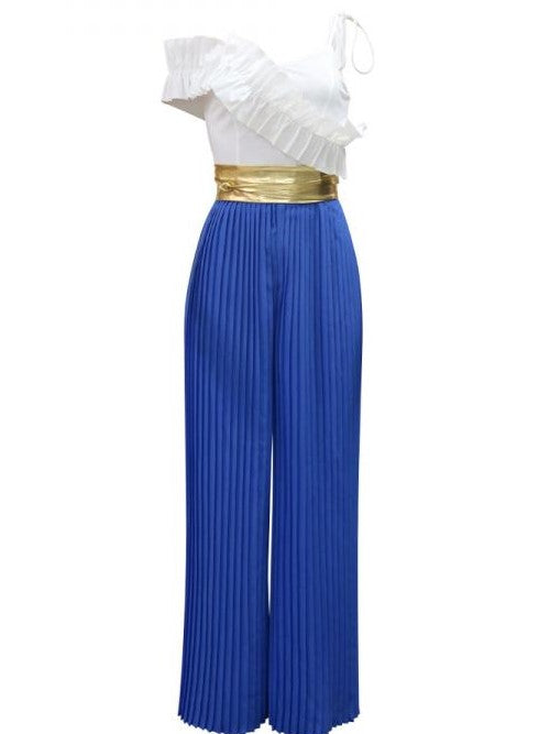 Stylish Pleated Ruffle Wide Leg Jumpsuit