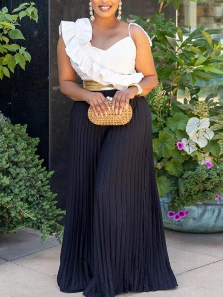 Stylish Pleated Ruffle Wide Leg Jumpsuit