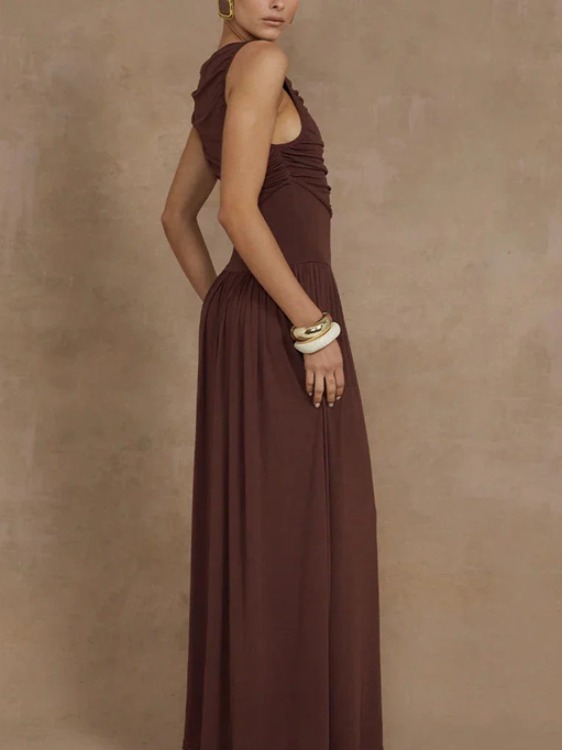 Stylish Ruched Brown Sleeveless Maxi Dress