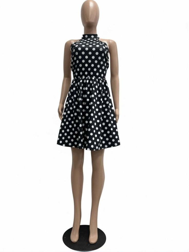 Suave Backless Polka Dots Halter Swing Midi Dress