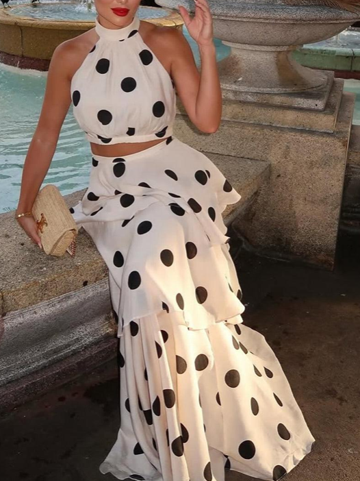 Suave Dot Halterneck Crop Top With Long Skirt Set