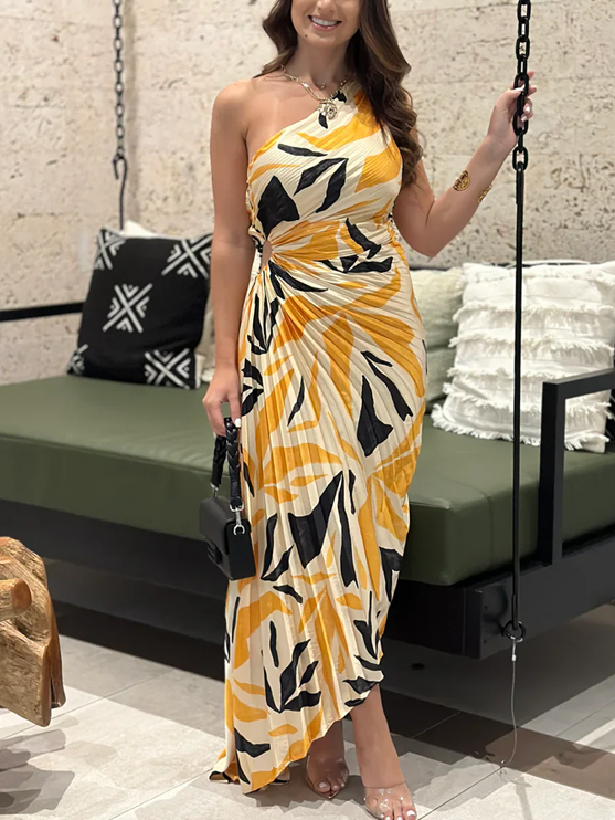 Suave Floral Printed One Shoulder Yellow Asymmetric Dress