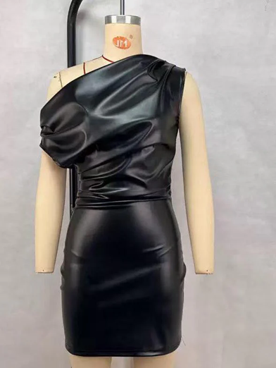 Suave One Shoulder Drape Faux Leather MIni Dress - Ships in 24 Hrs