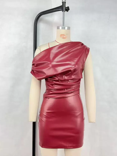Suave One Shoulder Drape Faux Leather MIni Dress