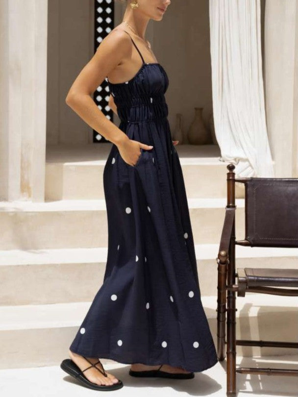 Summer Exclusive Smocked Polka Dots Sleeveless Blue Maxi Dress