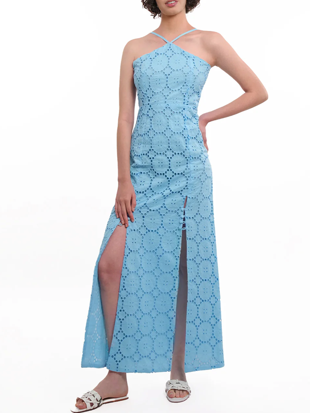 Summer Fashion Sky Blue Eyelet Maxi Dress