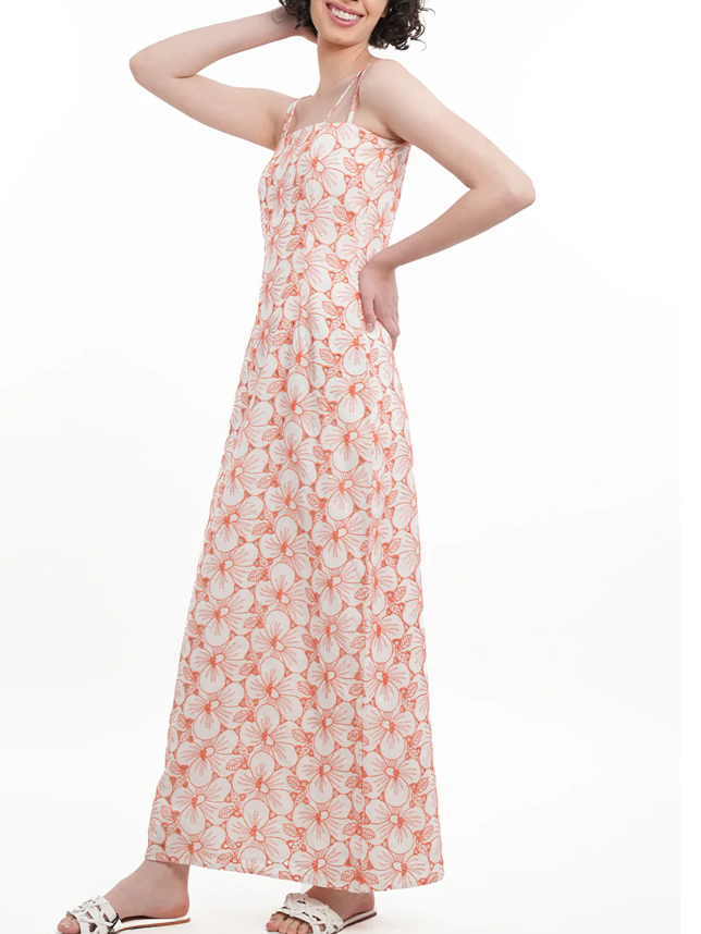 Summer Wear Peach Floral Eyelet Maxi Dress