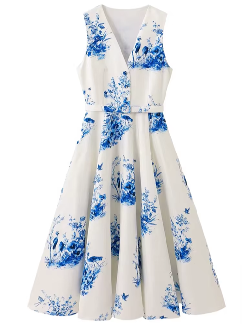 Sweet Bohemian Printed V Neck Sleeveless Slim Dress