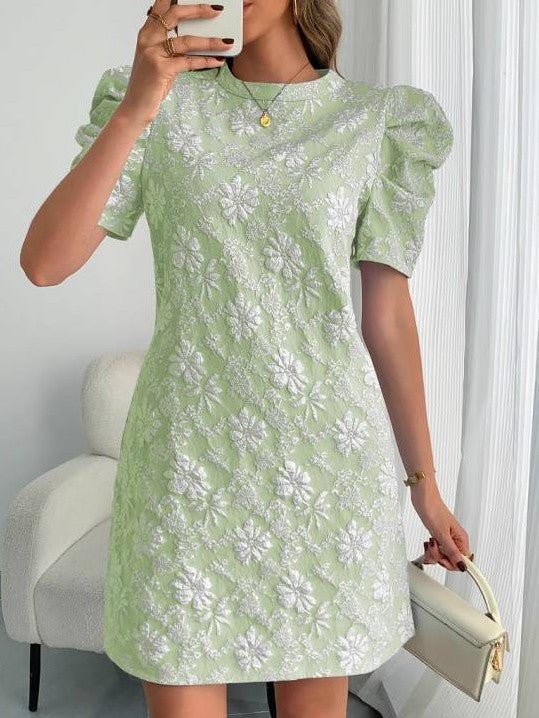 Sweet Floral Texture Puff Sleeve A Line Green Mini Dress - Ships in 24 Hrs