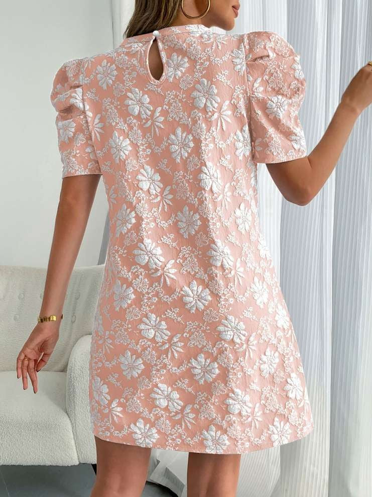 Sweet Floral Texture Puff Sleeve A Line Pink Mini Dress