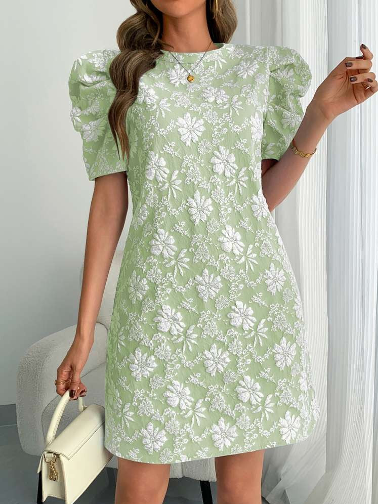 Sweet Floral Texture Puff Sleeve A Line Green Mini Dress - Ships in 24 Hrs