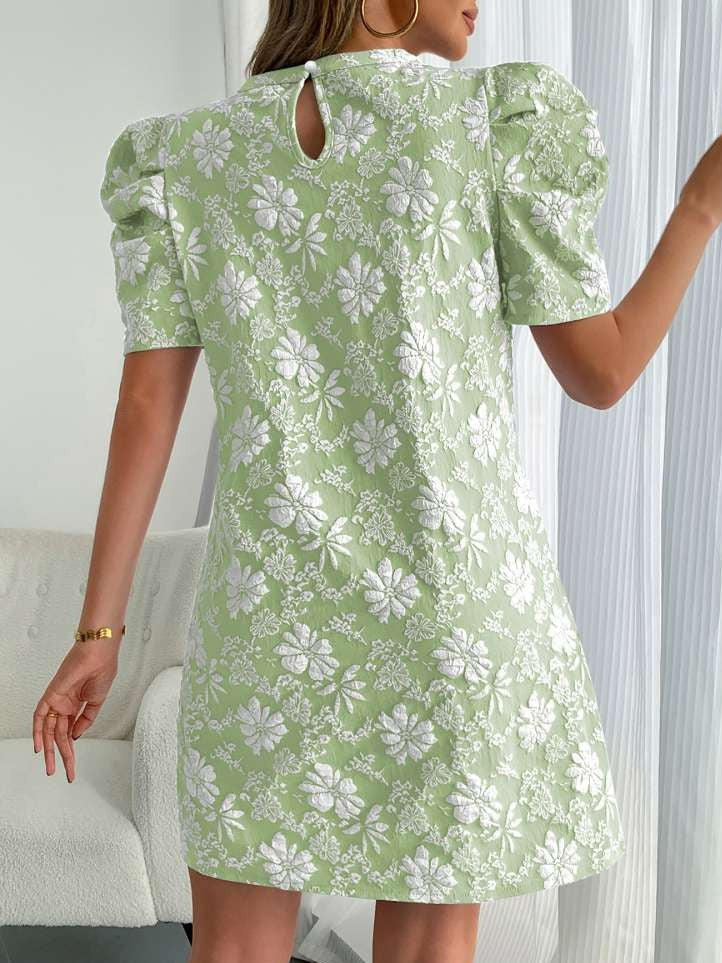 Sweet Floral Texture Puff Sleeve A Line Green Mini Dress - Ships in 24 Hrs