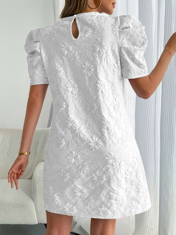 Sweet Floral Texture Puff Sleeve A Line White Mini Dress