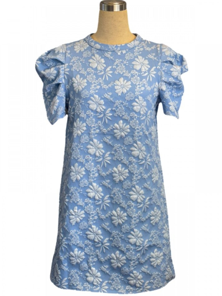 Sweet Floral Texture Puff Sleeve A Line Blue Mini Dress