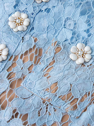 Sweet O Neck Buckle Blue Pencil Lace Dress