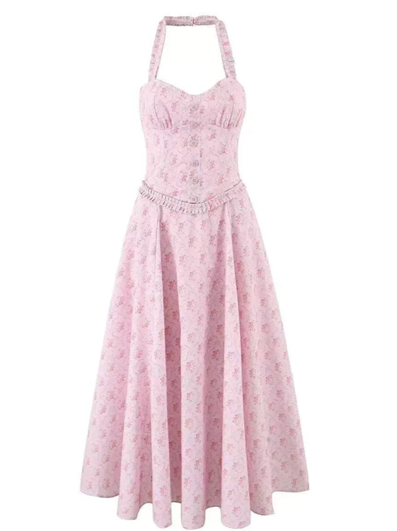 Sweet Pink Floral Corset Halter Swing Dress