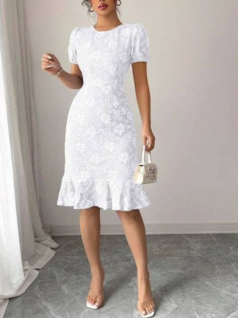 Sweet Ruffle Zipper Short Sleeve White Dress