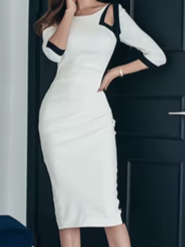 Trendy Contrast Color Bow White Pencil Dress - Ships in 24 Hrs