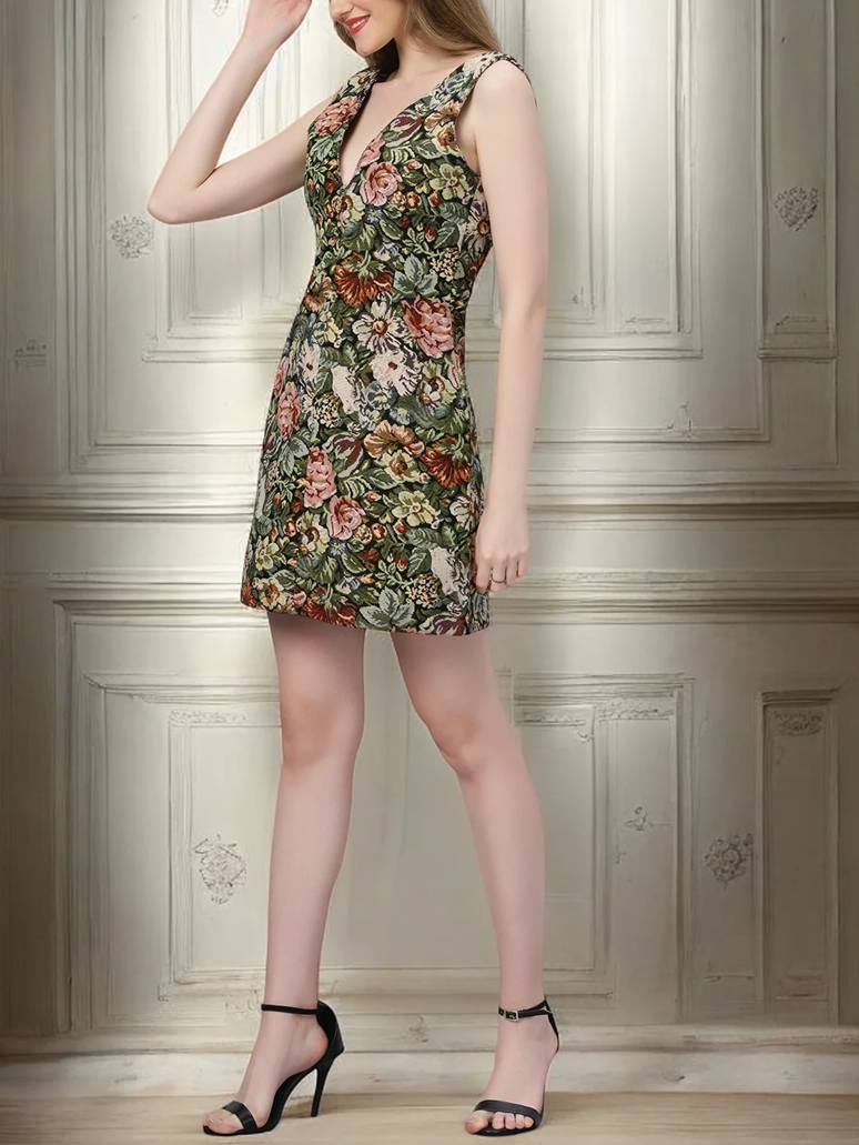 Trendy Jacquard Floral V Neck Mini Dress