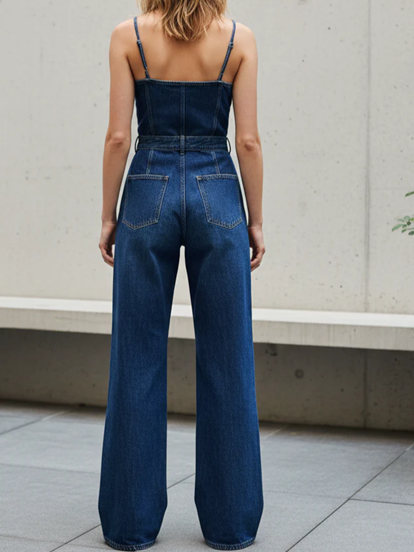 Trendy Strap Style Denim Wide Leg Jumpsuit