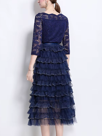 Vintage Blue Lace Mesh Splicing Party Dress