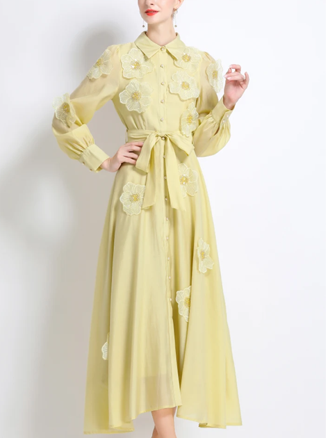 Vintage Flower Embroidery Long Sleeve Yellow Party Dress
