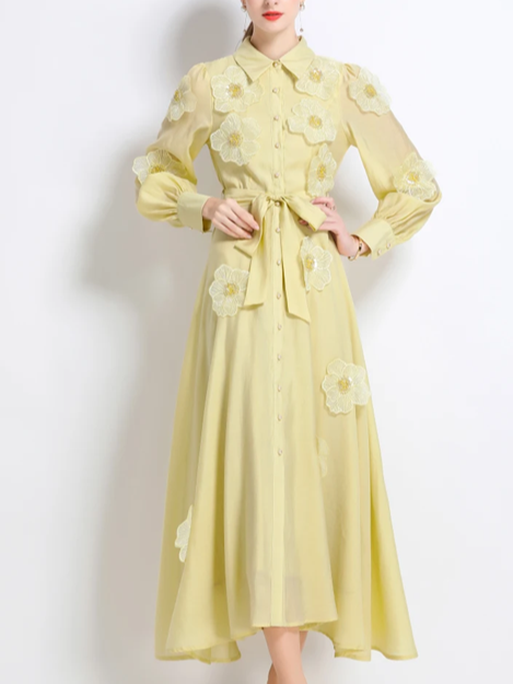 Vintage Flower Embroidery Long Sleeve Yellow Party Dress