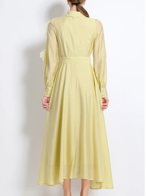 Vintage Flower Embroidery Long Sleeve Yellow Party Dress