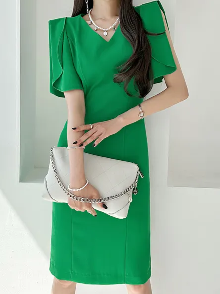 Vintage Green Ruffle Sleeve Bodycon Dress