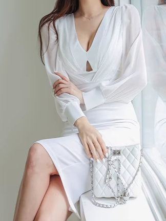 Vintage Long Sleeve Bodycon White Pencil Dress