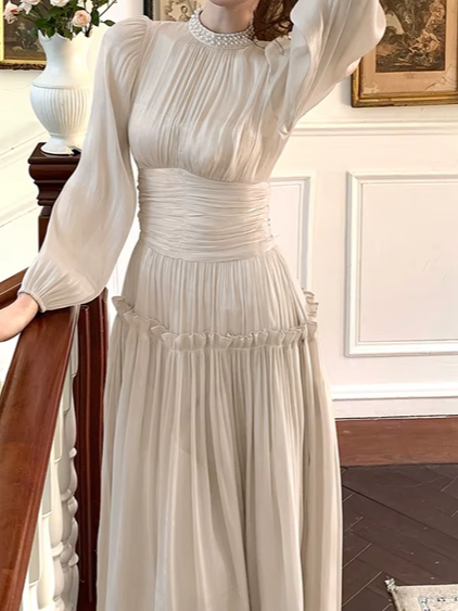 Vintage Pleated Waist Cinched Long Bubble Sleeve Beading A Line Apricot Party Dress
