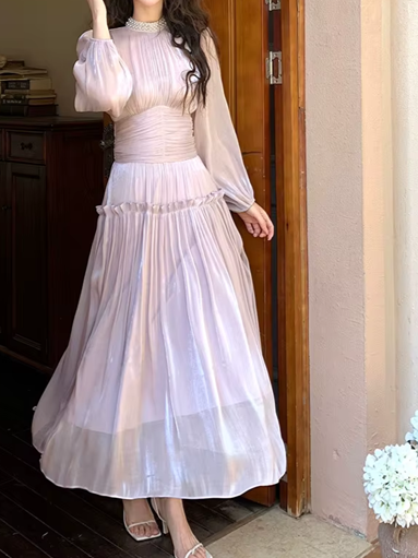 Vintage Pleated Waist Cinched Long Bubble Sleeve Beading A Line Pink Party Dress