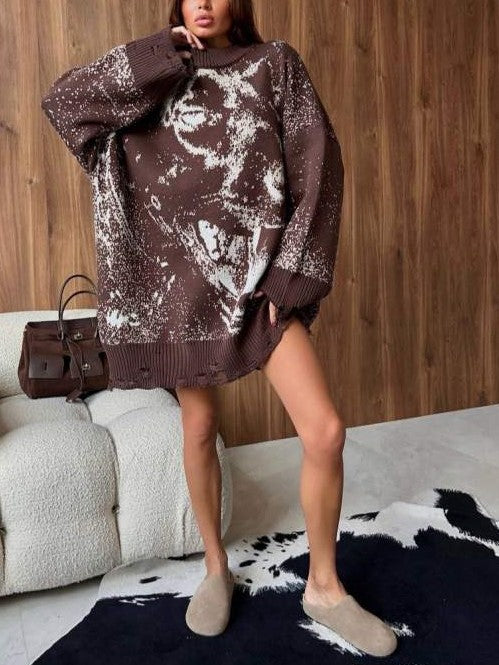 Winter Essential Abstract Print Ripped Long Sleeve Pullover Crewneck Sweater