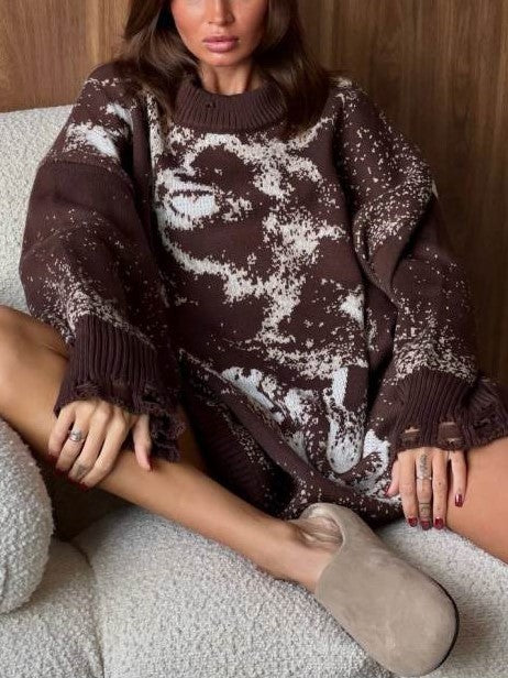 Winter Essential Abstract Print Ripped Long Sleeve Pullover Crewneck Sweater