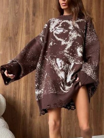 Winter Essential Abstract Print Ripped Long Sleeve Pullover Crewneck Sweater