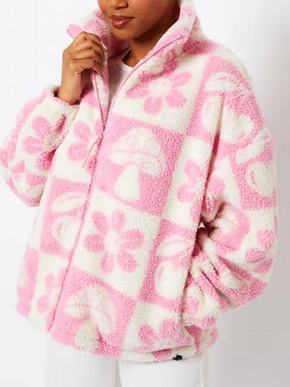 Winter Essentials Stand Collar Fleece Pink Zipper Coat