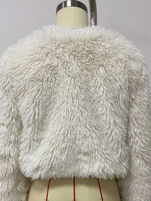 Winter Fashion Fluff Fitted Collarless Long Sleeve White Coat